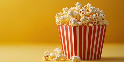 Freshly popped popcorn in a red and white striped container against a bright yellow background