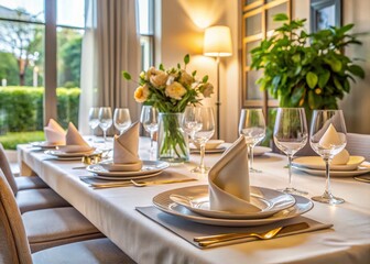 Elegant White Linen Dining Table Setting for Intimate Gatherings - Stock Photo