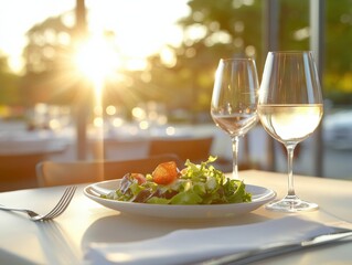 salad and wine on a sunlit table