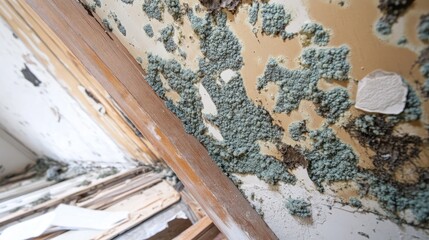 A detailed shot of mold growth on a damp ceiling surface before repairs.
