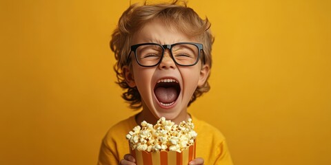Child joyfully shouts while holding a large bowl of popcorn against a bright yellow background
