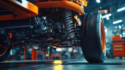 Fototapeta premium Expert Auto Repair Specialist Inspecting Car Suspension in a Cutting Edge Service Center Emphasizing Precision and Modern Engineering