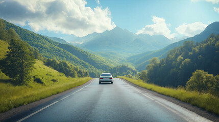 Fototapeta premium Serene drive through majestic mountains.