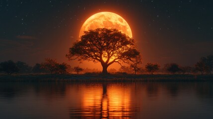Naklejka premium Night, Red Moon, Tree, Lake, Reflection