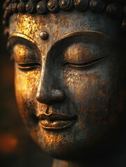 Serene Enlightened Buddha Portrait in Exquisite Detail Radiating Peaceful Wisdom and Spiritual Calm Amidst Soft Ambient Lighting