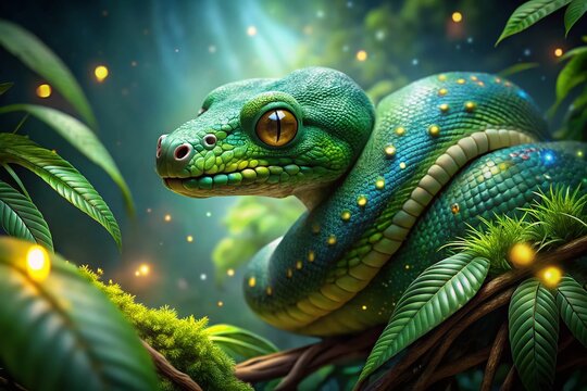 Emerald Dream: Surreal Green Tree Python in a Lush, Dreamlike Forest