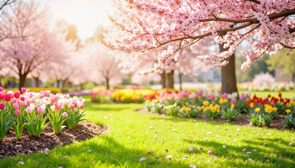 Naklejka premium Blossoming cherry trees and colorful tulips in spring garden