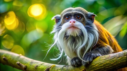 Emperor Tamarin Monkey with Long White Beard on Branch - Wildlife Photography