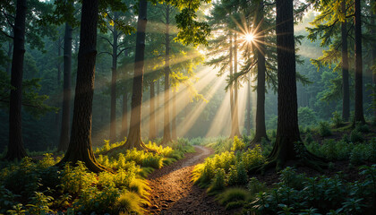 Obraz premium Sunlight filtering through trees in serene forest