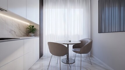 A foldable round dining table with two chairs in a small kitchen corner.