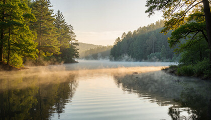 Obraz premium Serene misty lake with lush green trees at sunrise