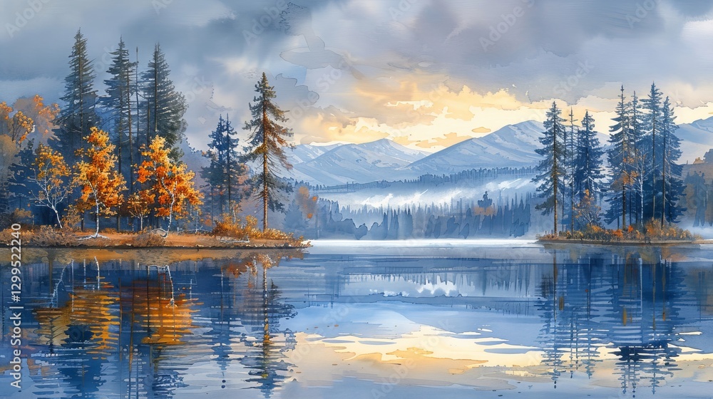 Poster vibrant autumn colors adorn the trees by a serene lake with mountains in the background. the sky fea
