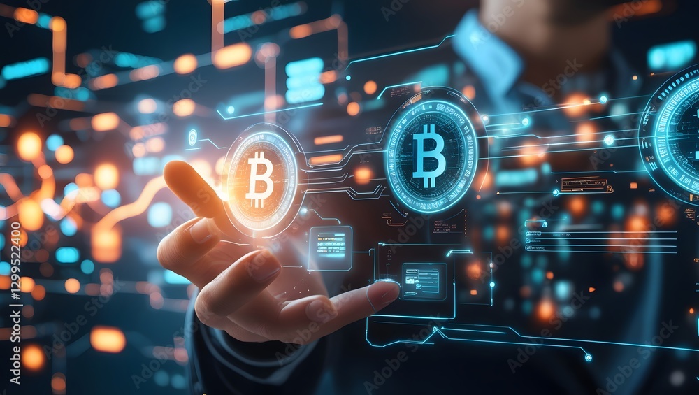 Poster digital bitcoin in hand: a person's hand interacts with digital bitcoin symbol. the futuristic scene