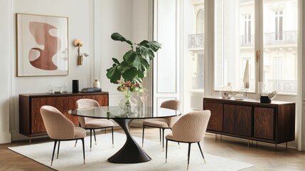 A glass dining table set in a bright, airy dining room.