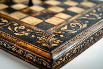 Ornate wooden chessboard with intricate carvings and a dark, rich finish.