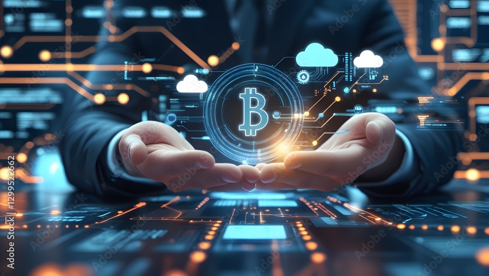 Poster bitcoin's digital embrace: an elegant depiction of a person cradling a glowing bitcoin symbol within