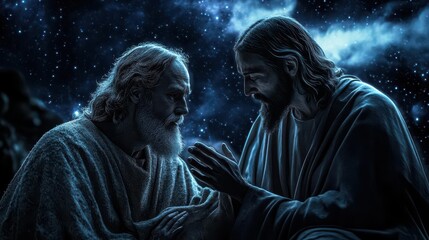 Obraz premium Solemn Absolution Jesus Christ Bestowing Forgiveness Under a Starlit Dark Night Illuminating the Path to Redemption with Divine Grace