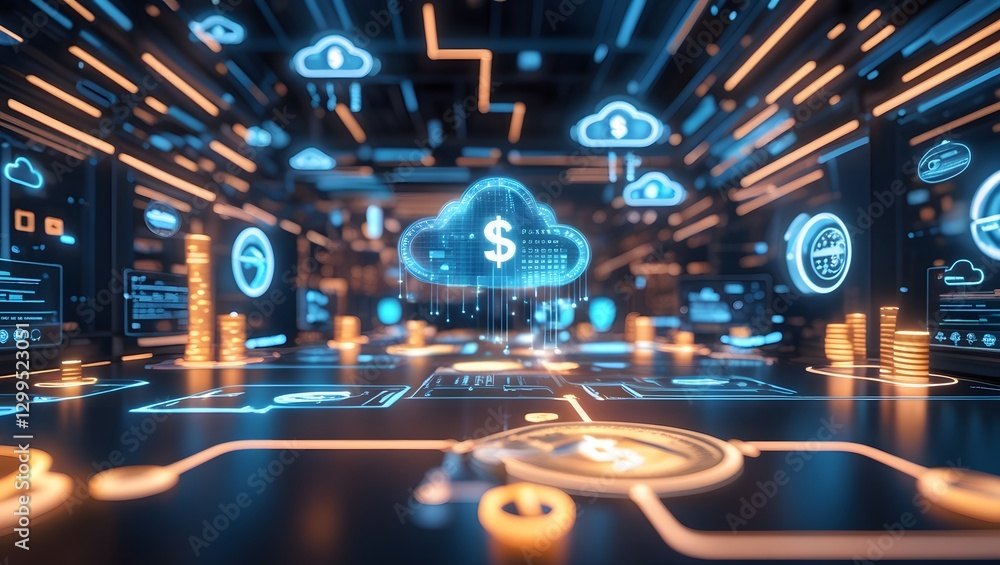 Aufkleber cybernetic cloudscape: a futuristic, high-tech depiction of a digital cloudscape, featuring intercon