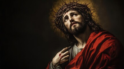 Fototapeta premium Solemn Divine Figure Crowned with Thorns Illuminated by a Stark Halo of Redemption in Shadowed Realms
