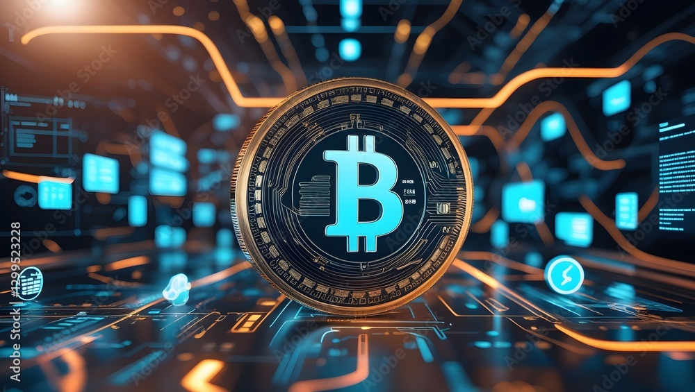 Poster bitcoin's digital core: a close-up of a physical bitcoin, showcased with illuminated digital circuit