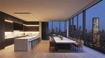 A high-end penthouse dining area featuring a long, elegant rectangular table.