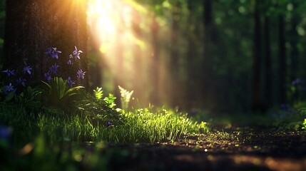 Obraz premium Sunlit Forest Path: A Serene Spring Morning