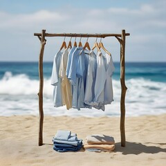 Coastal Clothing Rack with Flowing Garments on a Tranquil Beach Backdrop