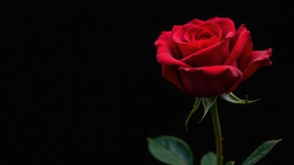 A vibrant red rose is captured with a dark background emphasizing its petals and rich color. The delicate leaves enhance the beauty of this classic flower showcasing natural elegance.