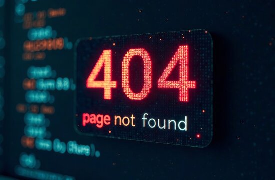A bright red 404 error code is illuminated on a black background showcasing a digital representation of a page not found message. Code lines are faintly visible behind it.
