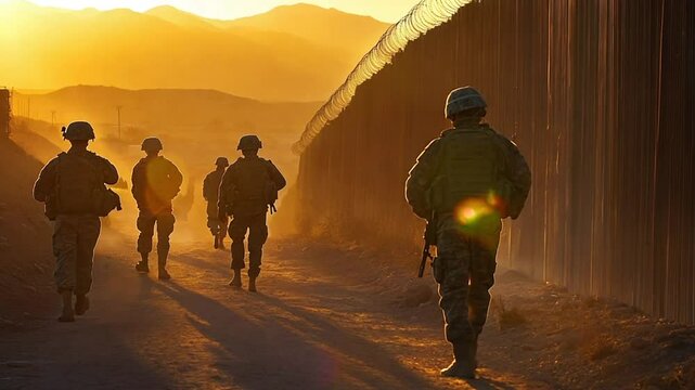 Military soldiers walking at a border wall