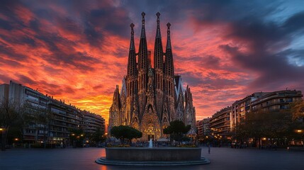 Stunning Architectural Facade of the Sagrada Familia Cathedral in Barcelona Illuminated by Soft Twilight Merging Gothic Grandeur with Modernist Splendor