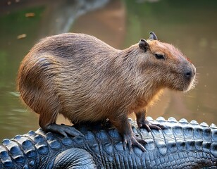 Fototapeta premium Capybara standing on crocodile's back