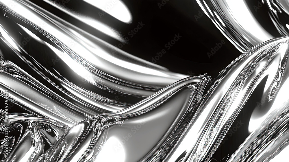 Poster Futuristic Metallic Design Showcasing Smooth Chrome Reflections and Flowing Light Patterns
