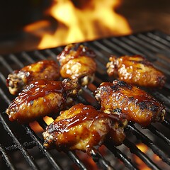 Grilled BBQ Chicken Wings Over Flames