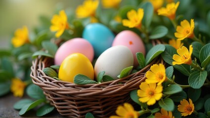 A beautifully decorated basket filled with colorful Easter eggs in pastel shades, surrounded by fresh leaves and yellow flowers, creating a cheerful spring atmosphere. Generative, AI,