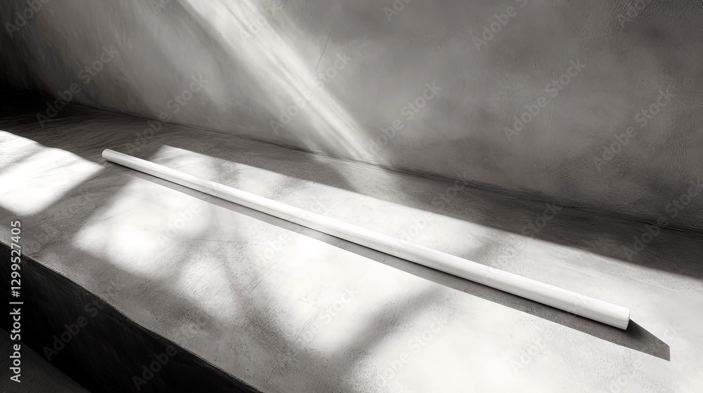 Poster white cane rests on a soft surface, casting a long shadow that symbolizes resilience and strength