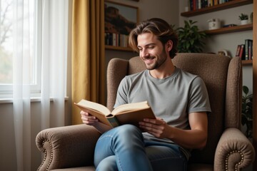Fototapeta premium Young Caucasian Male Relaxing in a Cozy Living Room While Reading a Book, Capturing a Moment of Serenity and Enjoyment in a Sunlit Space with Green Decor