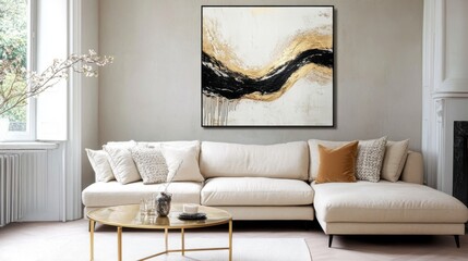 Contemporary lounge area with creamy limewashed walls, cozy neutral seating, bold brass coffee table, and expressive abstract artwork, evoking a serene yet stylish ambiance.