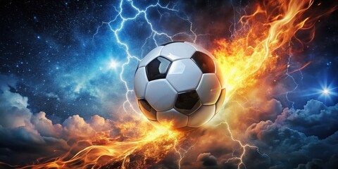 Fototapeta premium Soccer ball surrounded by flames and lightning, set against a dark night sky with stars and clouds , passion, energy