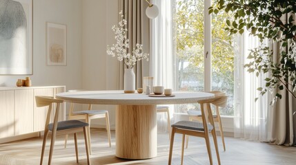 A refined modern dining nook with a round stone table and designer Scandinavian seating, bathed in natural light and styled in muted pastel tones for a soft and elegant ambiance.