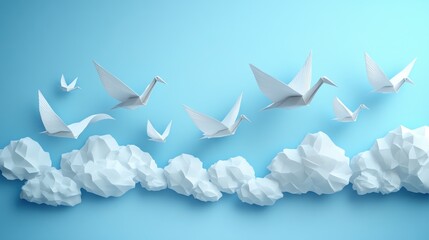 Obraz premium Paper Cranes Soar Above Clouds