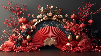 Paper fan medallion chinese new year decoration. Concept of Happy Chinese New Year festival background. 3D rendering,
