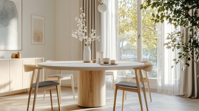 Fototapeta A refined modern dining nook with a round stone table and designer Scandinavian seating, bathed in natural light and styled in muted pastel tones for a soft and elegant ambiance.