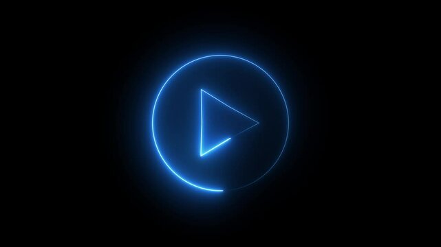Neon glowing play button with neon circle. play button on black background. Start button. Neon glowing play button.