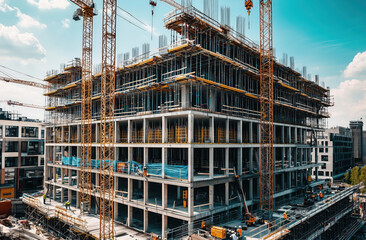 Modern multi story building under construction with cranes, scaffolding, steel framework and workers at a busy construction site
