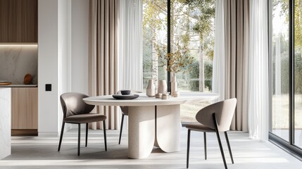 An elegant minimalist space in subdued military-inspired pastels, centered around a stone dining table with soft Nordic design elements and cinematic daylight.
