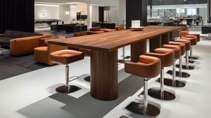 A modern home dining space with a bar-height table and stools.