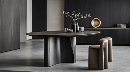 A modern home dining space with a bar-height table and stools.