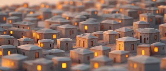 Obraz premium Miniature Village with Glowing Windows at Dusk