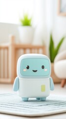 Charming smiling robot toy in cozy indoor setting with lush greenery and soft textiles, perfect for kids' rooms and play areas